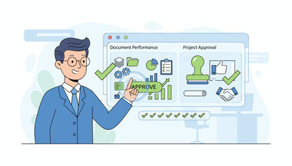 Vivid illustration of a businessman pointing to a digital interface showcasing document performance and project approval, featuring icons for approval, gears, charts, and a handshake, symbolizing