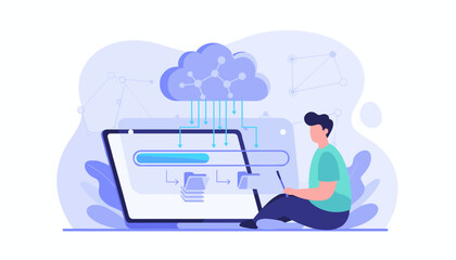 Modern flat illustration of a person sitting and interacting with a laptop, showing data processing and cloud downloading concept with progress bar and file transfer visualization, symbolizing