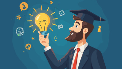 Elearning Graduate Certificate Program Concept: A Bearded Man in a Graduation Cap Holds a Glowing Light Bulb, Symbolizing Innovation and Knowledge Acquisition, Surrounded by Icons of Technology and