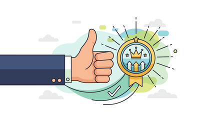 Conceptual illustration of a thumbs-up gesture and a golden award badge with crowns and upward arrows, symbolizing endorsement, recommendation, quality, success, and achievement in business or
