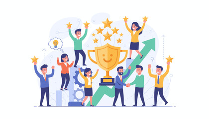 Successful business team celebrating victory with a golden trophy and stars, symbolizing employee engagement, commitment, and motivation, with upward trending graphs and gears indicating progress and