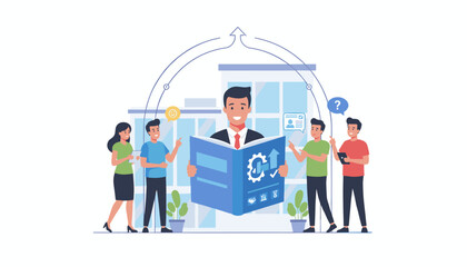 Vibrant illustration of a team collaborating around an open employee handbook, symbolizing onboarding, training, and business growth with icons for success, gears, and data analysis, set against a