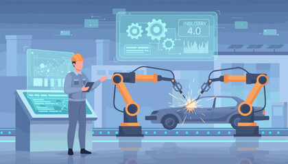 Industry 4.0 concept: Engineer in hard hat supervises automated car manufacturing with robotic arms performing welding on a car assembly line, futuristic factory interior with digital displays and