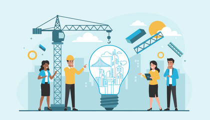 Diverse team of engineers and architects collaborating on a city development project, symbolized by a light bulb containing a cityscape and bridge, with construction elements like cranes and steel