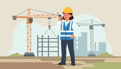 A smiling female engineer in a yellow hard hat and blue safety vest communicates using a walkie-talkie on a bustling construction site with cranes and building structures, symbolizing progress and