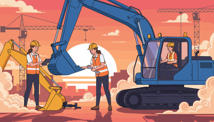 Diverse female engineers in hard hats and high-visibility vests collaborate on a construction site, inspecting and repairing heavy machinery like excavators and cranes against a vibrant sunset sky