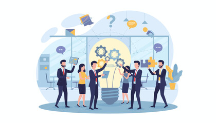 Diverse team of professionals collaborating around a giant glowing lightbulb symbolizing a brilliant idea, with gears turning and puzzle pieces fitting together, representing innovation, teamwork