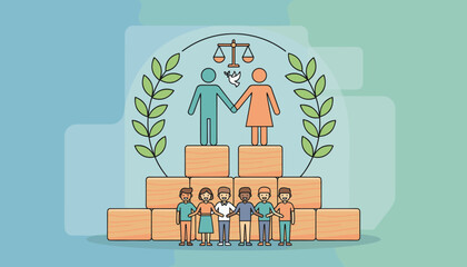 Symbolic illustration of gender equality and social justice, featuring diverse people standing on wooden blocks, a couple holding hands under scales of justice and a dove of peace, symbolizing