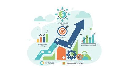 Vibrant flat design illustration depicting financial business growth strategy with upward trending arrow, bar charts, target icon, dollar sign, and gears symbolizing market investment and goal