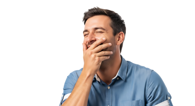 Man in a light blue shirt is overcome with laughter, covering his mouth with his hand, eyes closed in mirthful expression.  