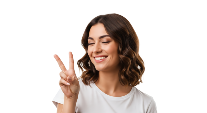 Smiling woman shows victory sign, exuding positivity and charm with her eyes closed and brunette wavy hair in focus. - Powered by Adobe