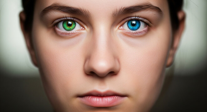 Captivating close-up reveals a young person's striking heterochromia, one vibrant green eye meeting a deep blue gaze, symbolizing uniqueness and individuality.
