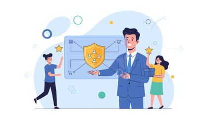 Loyalty program concept illustration: A businessman in a blue suit presents a digital interface showcasing a shield with connected user icons, symbolizing customer engagement and business security