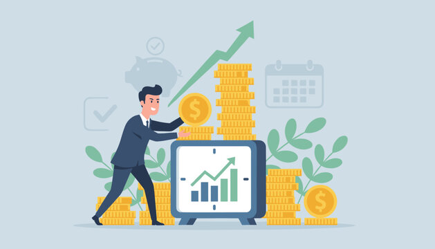 A businessman in a suit stacks coins, symbolizing long-term investment and savings, with a piggy bank, calendar, and growth charts indicating financial progress and tax time considerations in a