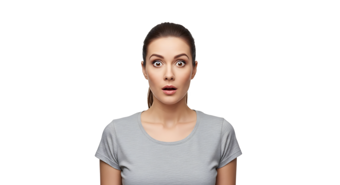 A woman expressing shock with wide eyes and open mouth, set against a stark transparent background. Intense emotion portrayed. - Powered by Adobe