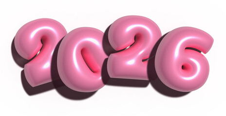 Pink 3D text 2026 on a transparent background. Pink bubble typeface. Cute inflatable letters 2026 with shadow.