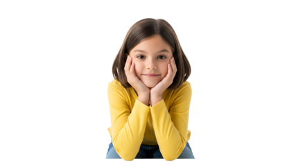 Sweet girl in a yellow shirt resting chin on her hands. Big eyes and a smile fill this beautiful portrait.