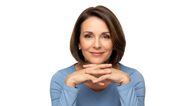 Confident woman with a warm smile resting her chin on her hands, radiating a sense of poise and approachability. - Powered by Adobe