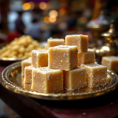 A vibrant still life of an array of Kalakand squares, each with a fine grainy texture, adorned with edible silver leaf (varak