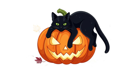 Adorable black cat resting on glowing Jack O Lantern Halloween pumpkin cartoon vector illustration.