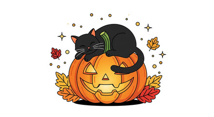 Adorable black cat sleeping on carved Halloween jack-o-lantern with autumn leaves.