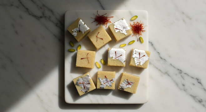 A vibrant still life of an array of Kalakand squares, each with a fine grainy texture, adorned with edible silver leaf (varak