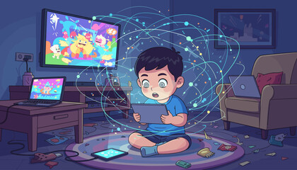 Young Asian boy engrossed in a tablet screen, surrounded by glowing digital network lines, with a TV and laptop displaying colorful content, symbolizing technology addiction and digital immersion in
