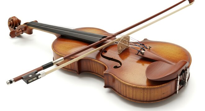 Acoustic violin with a bow resting on its strings, presented on a white background. - Powered by Adobe