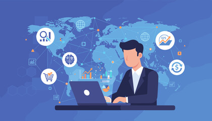 Business technology and data science concept with a businessman working on a laptop connected to a global network, surrounded by icons representing analytics, shopping, finance, and artificial