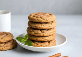 A realistic photo of a stack of warm, spiced snickerdoodle cookies dusted with cinnamon and sugar.