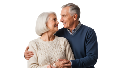 An older couple sharing a loving gaze, embracing with affection against a transparent background, radiating warmth and connection.