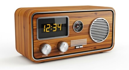 Fototapeta premium A vintage-style wooden radio with a digital clock display and silver knobs.