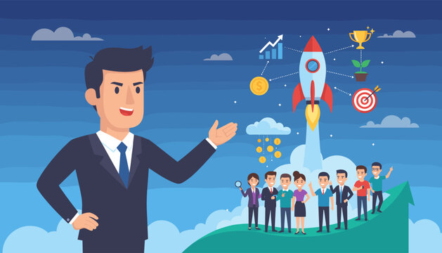 Dynamic business startup concept illustration featuring a confident businessman presenting a rocket launch, symbolizing growth, success, and financial prosperity, with a team of professionals