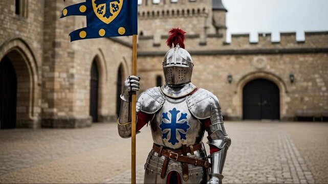 Knight in red and silver armor stands in stone castle courtyard holding blue and yellow flag on staff. Medieval warrior pose sequence in historical fortress setting. Animated reenactment footage of