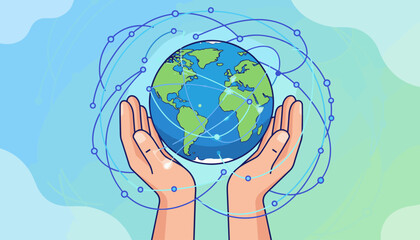 Caring hands gently cradle a vibrant Earth globe, symbolizing global connection and scientific advancement, with abstract interconnected lines and nodes representing networks and data flow against a