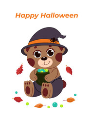  happy halloween poster bear in a witch's hat holds candies