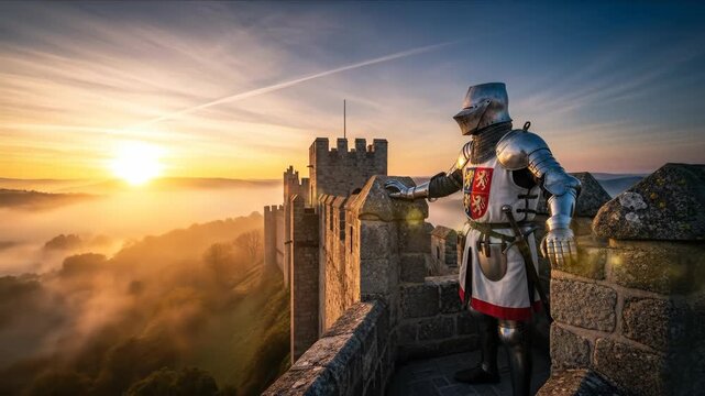 Knight standing sentinel on medieval castle wall at dawn. Armored warrior overlooking misty landscape. Animated historical fantasy sequence.