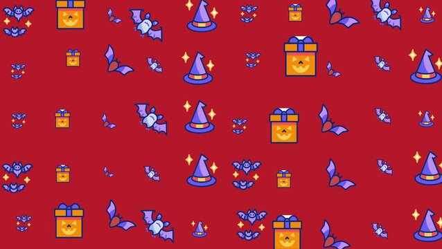 Seamless Halloween pattern with cute bats, witch hats, sparkling stars, and pumpkin gift boxes on a red background. Fun festive design for decoration and wrapping.