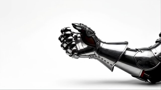 Animated medieval gauntlet hand sequence. Knight's armored glove opens palm, clenches fist, then extends fingers in fantasy gesture animation.