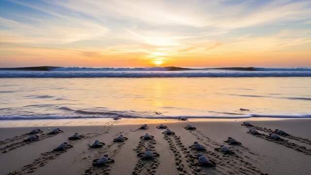 Baby turtles heading to the ocean at sunset on a sandy beach