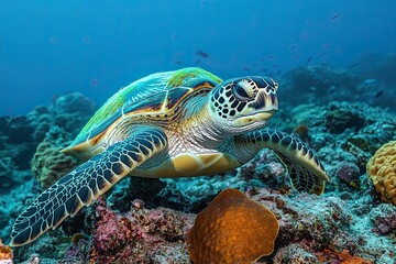 Fototapeta premium A Galapagos green sea turtle on a reef