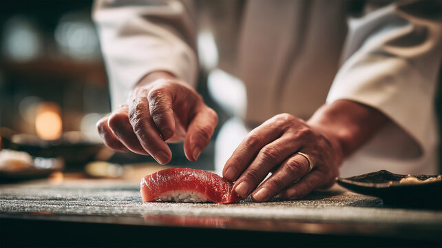 寿司職人が握る鮪の握りの手元アップの瞬間