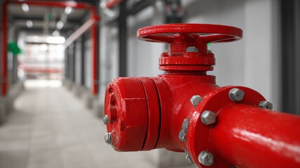 Red industrial valve in dark underground facility. Artificial intelligence image