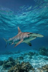 Fototapeta premium A hammerhead shark swims in tropical waters. A diving adventure off the coast
