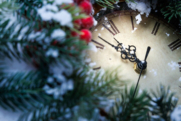 Antique timer ticking, Holiday season clock countdown, Snowdusted vintage holiday clock ticking down