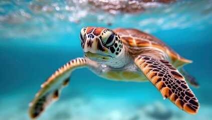 A young sea turtle swims gracefully underwater, its vibrant shell patterns visible against the clear turquoise water