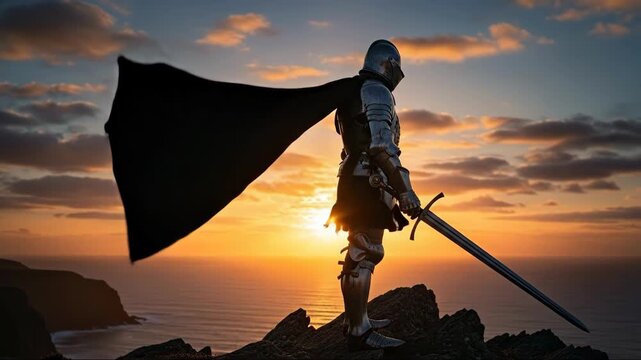 Knight in silver armor stands heroically on rocky cliff at sunset. Black cape billows in wind as he raises sword toward ocean horizon. Dramatic fantasy warrior animation.