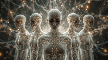 Futuristic digital humanoid figures connected by neural light networks symbolizing artificial intelligence, collective data consciousness, and technological evolution in sci-fi visualization