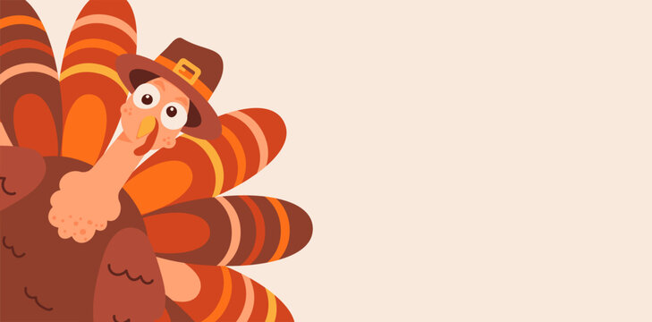 Thanksgiving background with turkey and big copy space. Autumn celebration, vector illustration for cards, flyers, posters, invitations, web banners, sale