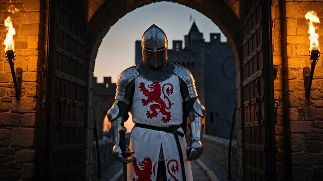 Knight guarding medieval castle gate at dusk. Armored warrior with sword stands vigilant in torchlit entrance. Chivalric animation sequence of historical reenactment.